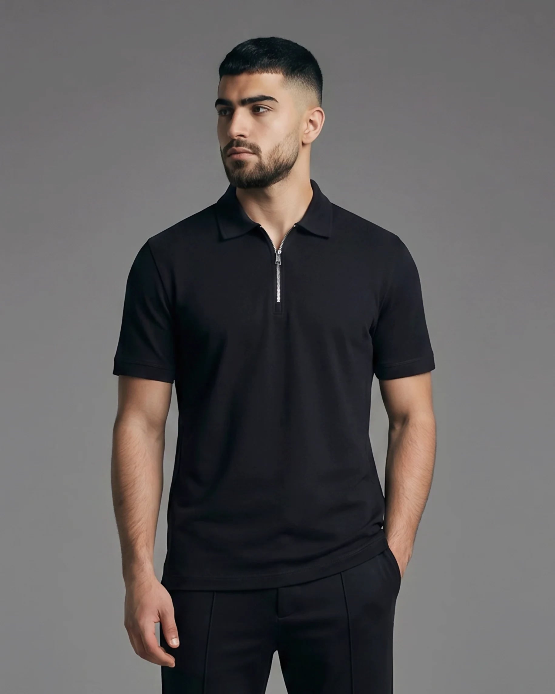 Half-Zip Textured Polo Shirt Black