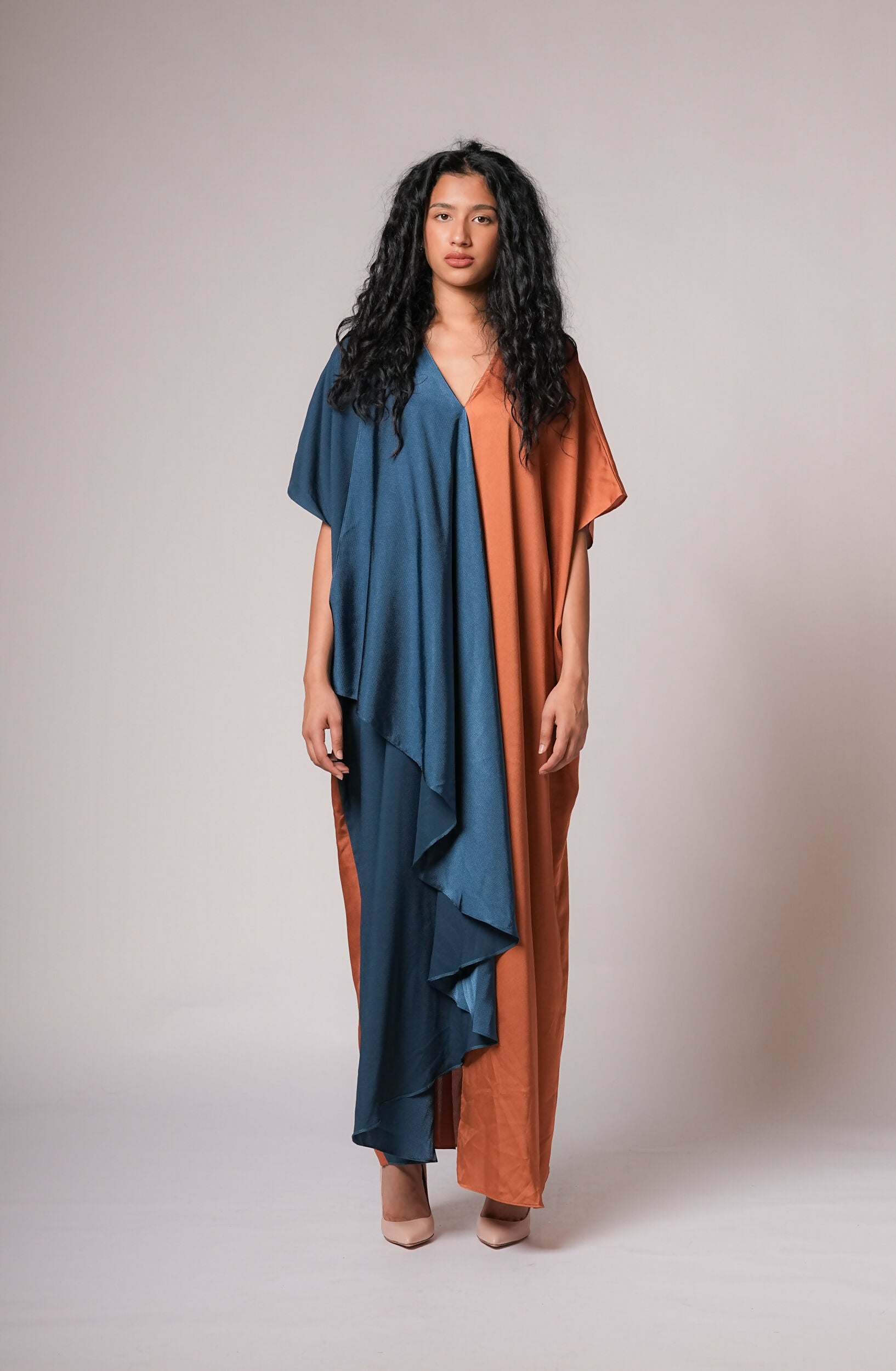 Two tone kaftan in navy/bronze