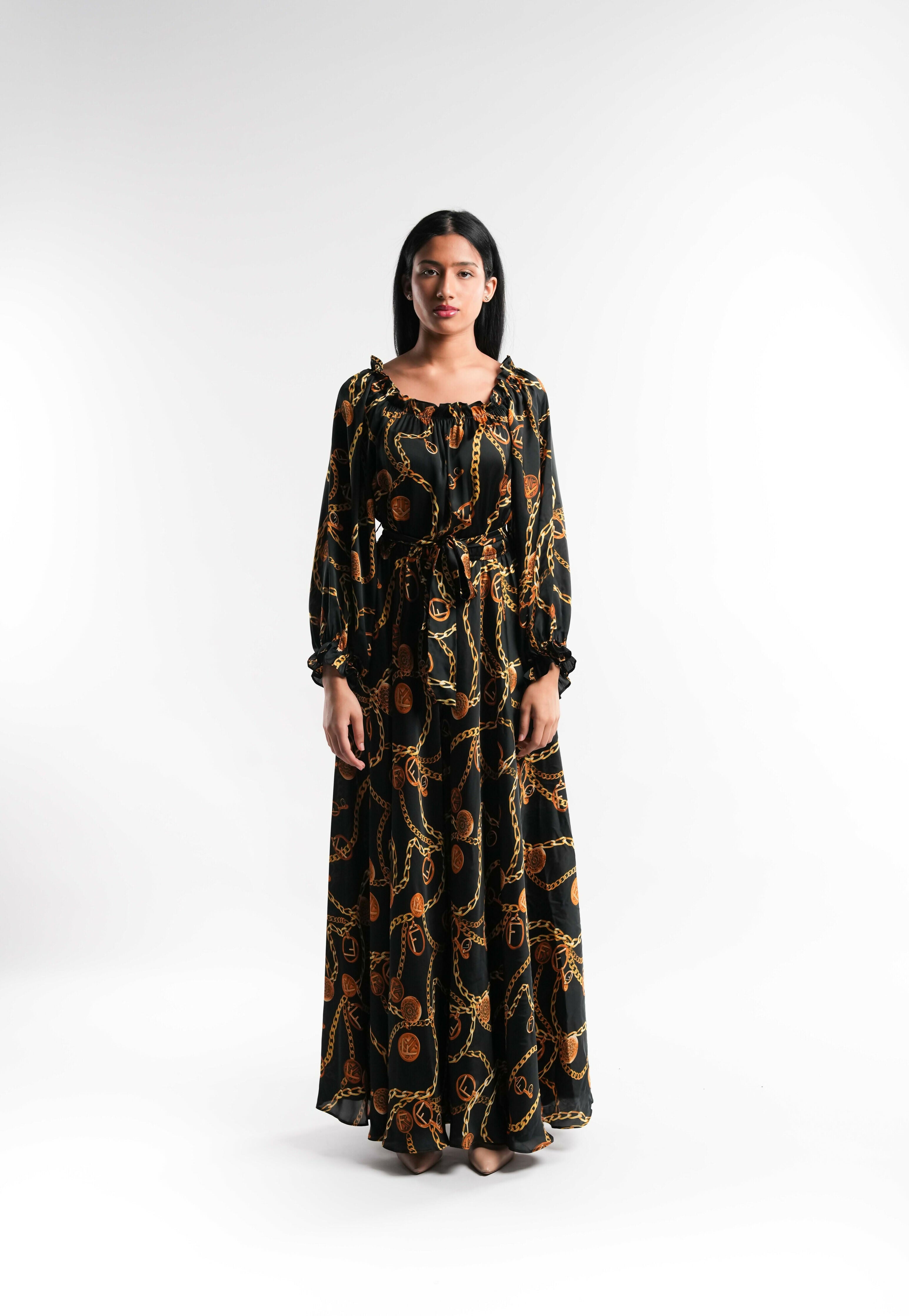Black Chain Print Off Shoulder Dress