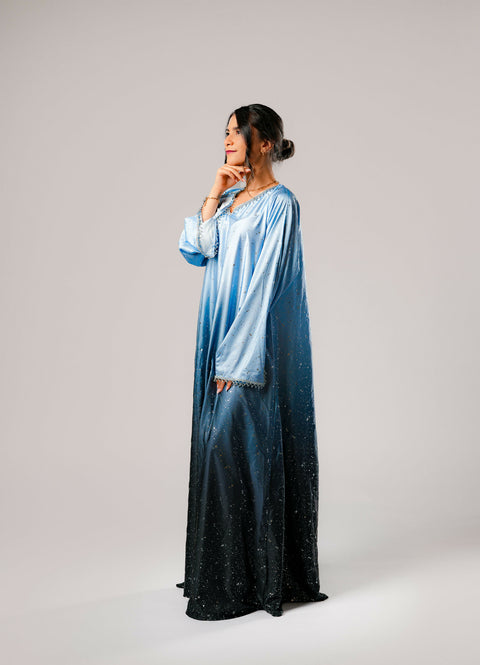 Dress-Jellabiya- Patterned Silk long Loose Style - With A luxury mixture of Blue color with stars -Sleeves with lace