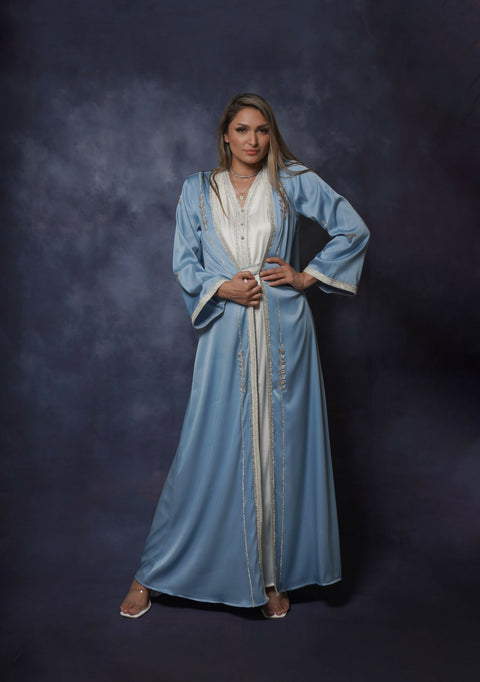 Handcrafted Embroidered – Two Piece Kaftan Dress with belt – in striped elegant touch