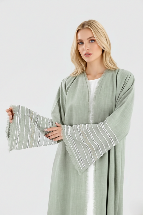 Margot Pearl Linen Abaya – 3-Piece Set in Mint