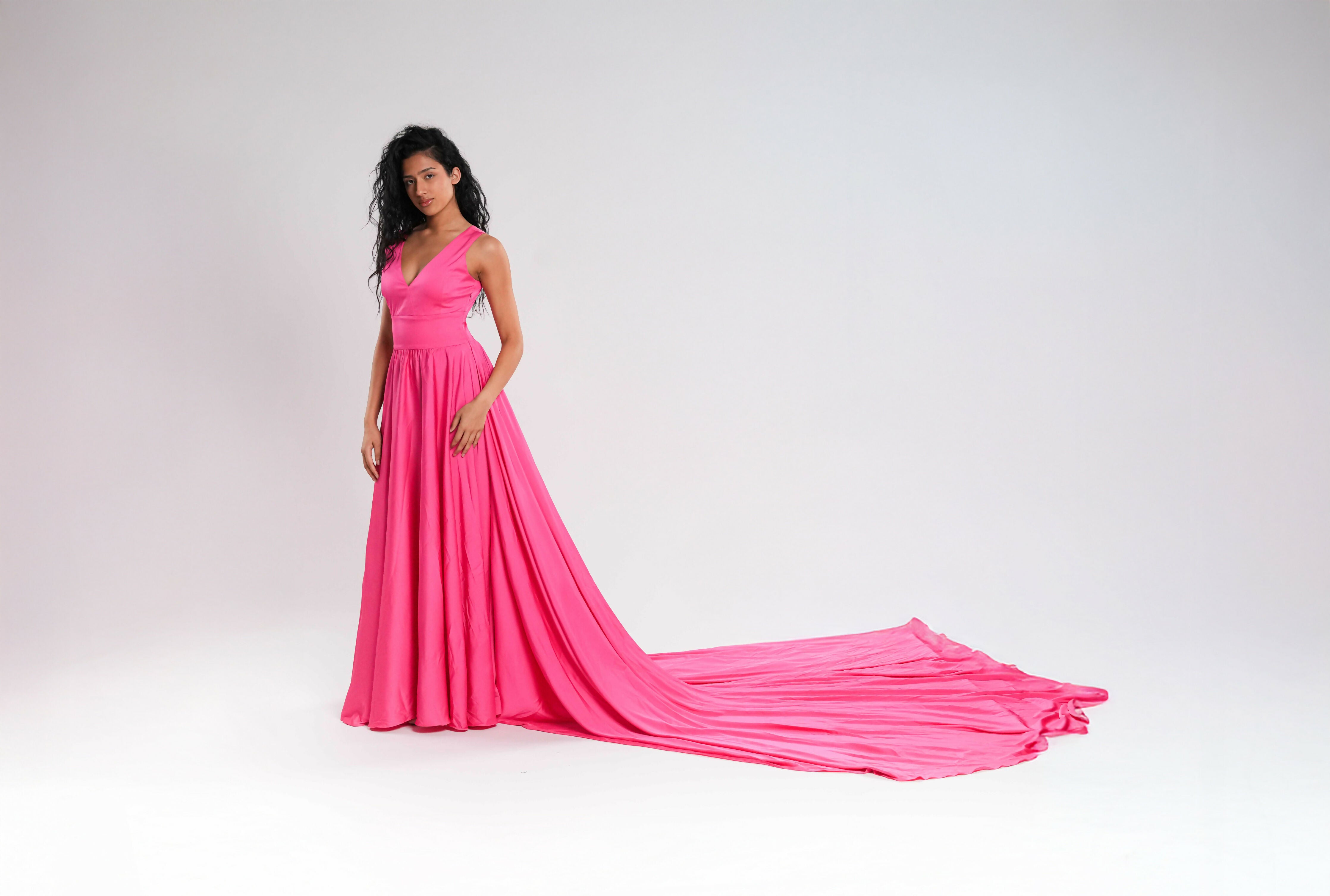 Pink Satin Dress with Long Train