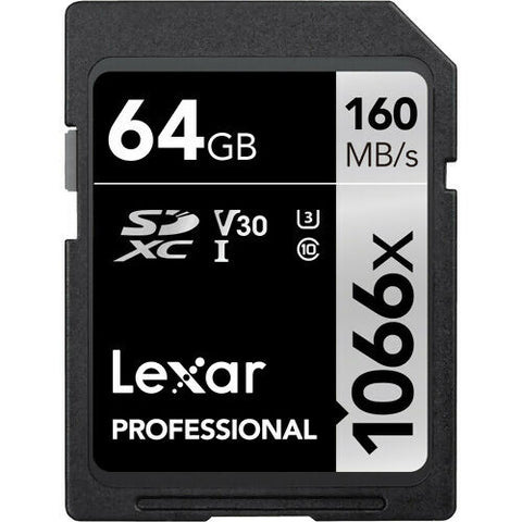 بطاقات LEXAR الاحترافية سعة 64 جيجابايت 1066X SDXC UHS-I، سرعة قراءة تصل إلى 160 ميجابايت/ثانية وسرعة كتابة 70 ميجابايت/ثانية C10 V30 U3 