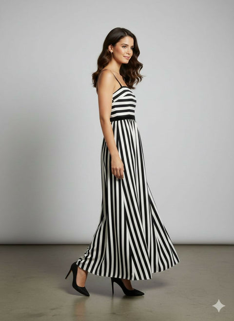 Striped Satin Midi Dress in White & Black