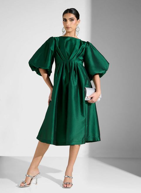 RUFFLE SLEEVE TAFFETA DRESS