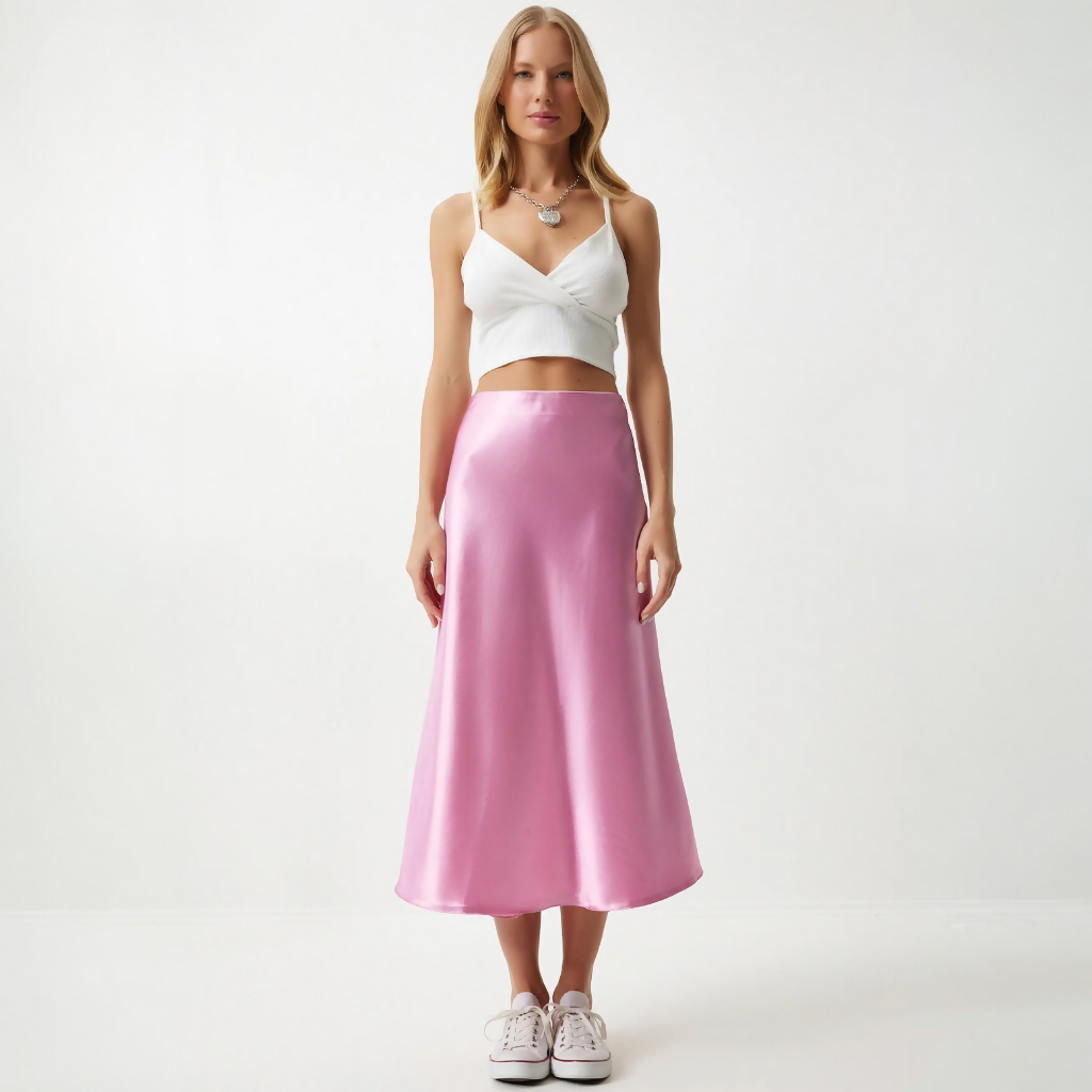 MY PEANUT Naz Midi Satin Skirt in Pink