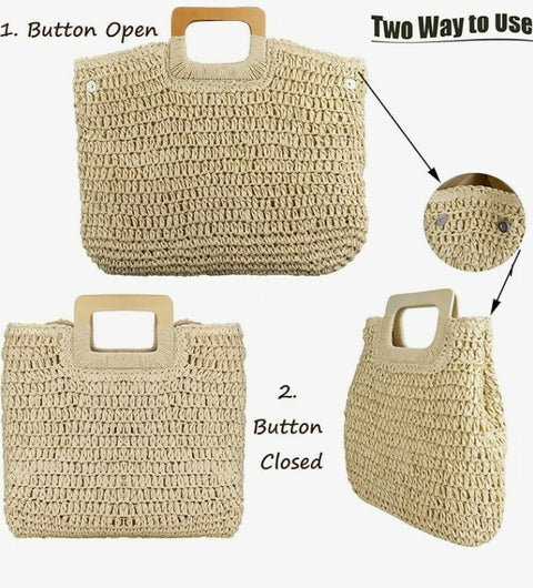 Straw tomato bag with wood handle White