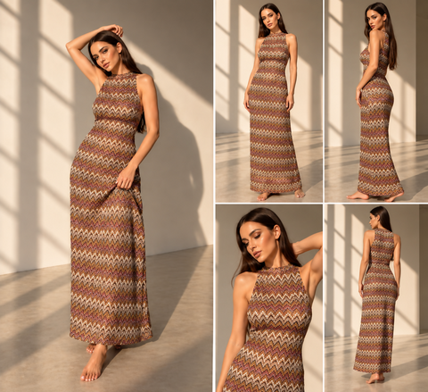 Icona Stile Multi Chevron Metallic Knit Maxi Dress