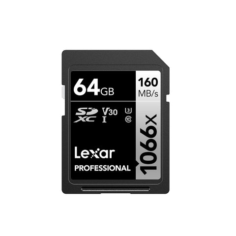 بطاقات LEXAR الاحترافية سعة 64 جيجابايت 1066X SDXC UHS-I، سرعة قراءة تصل إلى 160 ميجابايت/ثانية وسرعة كتابة 70 ميجابايت/ثانية C10 V30 U3 