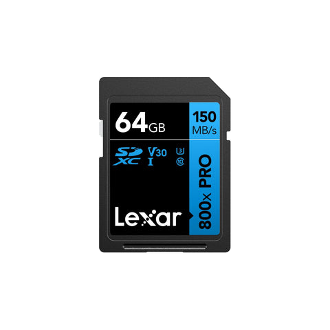 بطاقات LEXAR الاحترافية سعة 64 جيجابايت 800X PRO SDXC UHS-I، سرعة قراءة تصل إلى 150 ميجابايت/ثانية وسرعة كتابة 45 ميجابايت/ثانية C10 V30 U3 