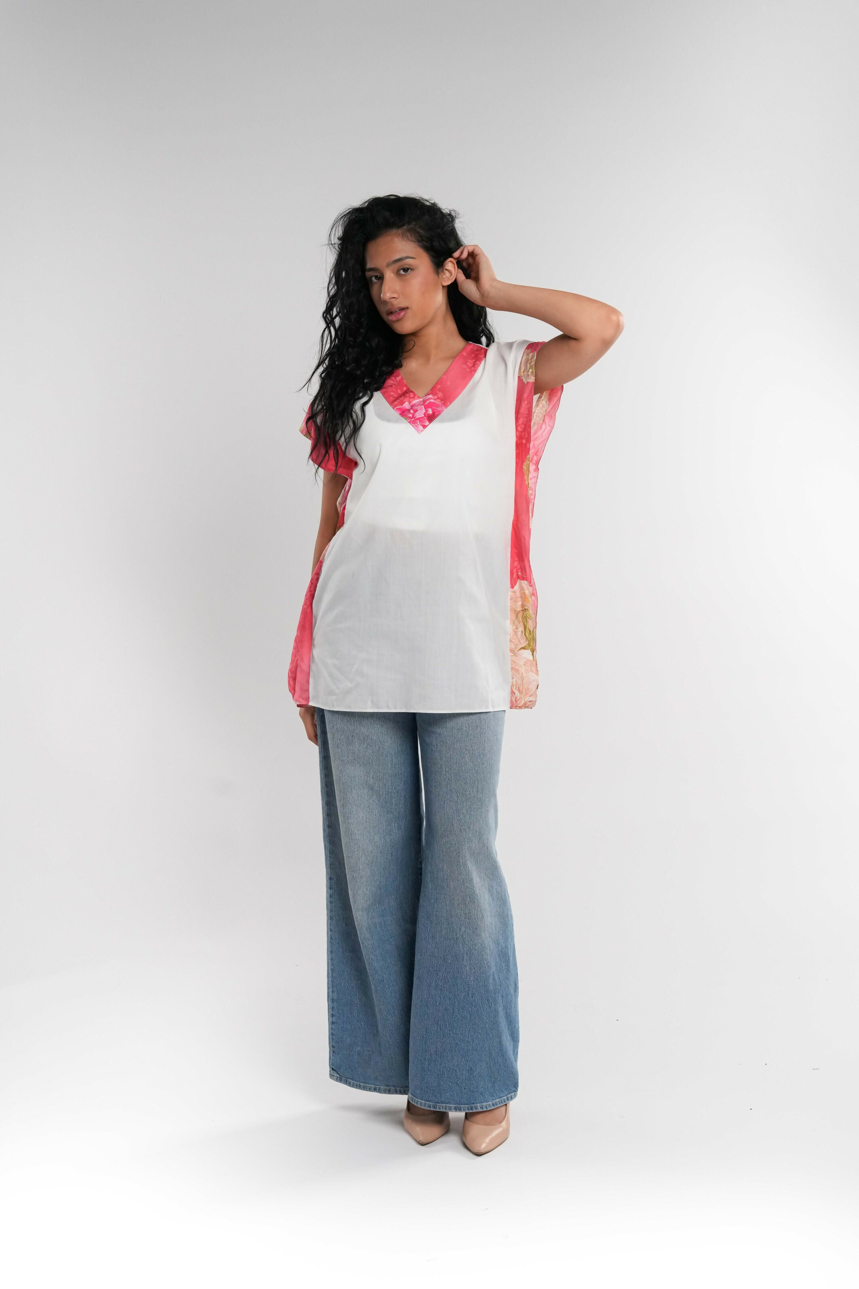 White Cotton Short Tunic with Contrast Panels