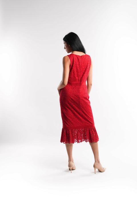 Red Lace Dress with Crystal Waist Detail