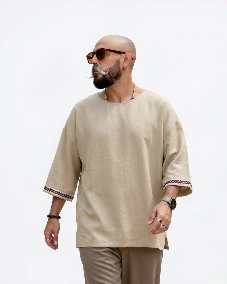 Harem Style Viscose Linen T-Shirt - Beige