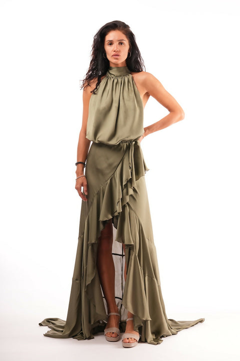 Halterneck Ruffled Gown In Satin