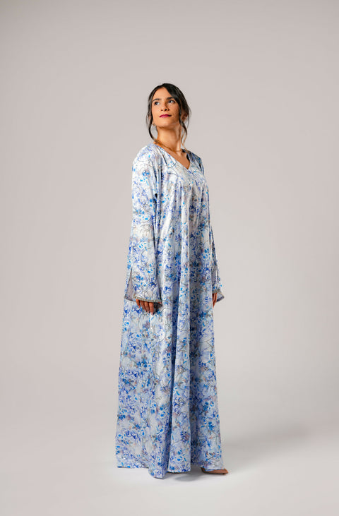 Dress-Jellabiya- Patterned Silk long Loose Style - With A luxury mixture of Blue Flowers color-Sleeves with lace