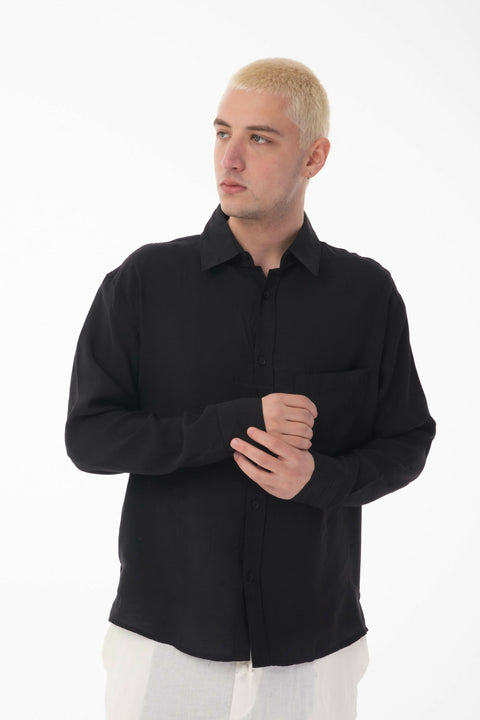 Stand Collar Single Pocket Detailed Long Sleeve Modal Shirt - Black
