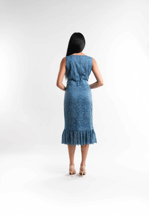 Blue Lace Dress with Crystal Waist Detail