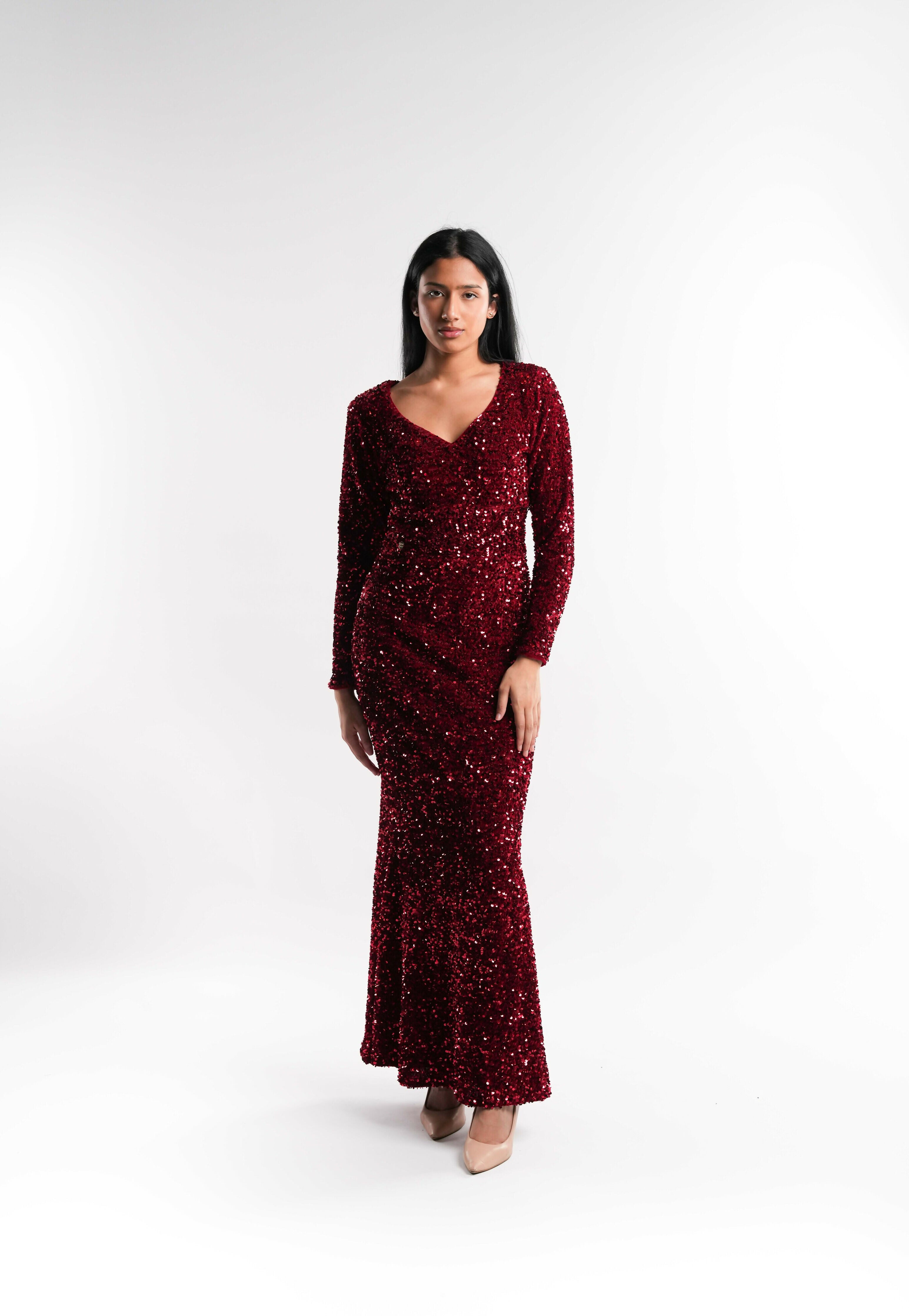 Maroon Velvet Sequin Evening Dress