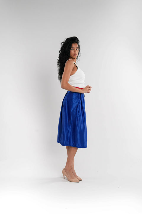 Blue Satin Skirt with Red Belt