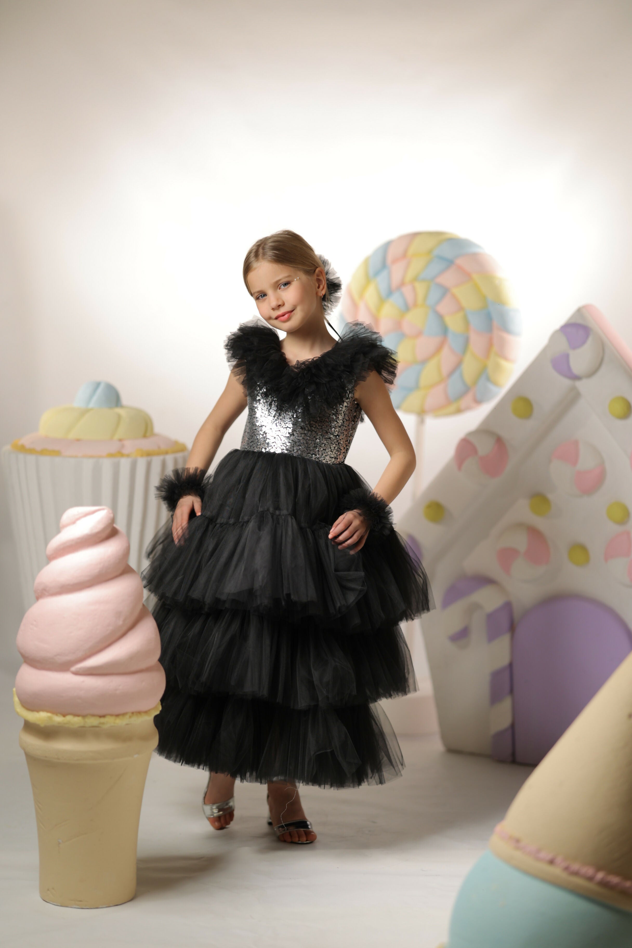 Black Tulle Party Dress With Silver Sequins