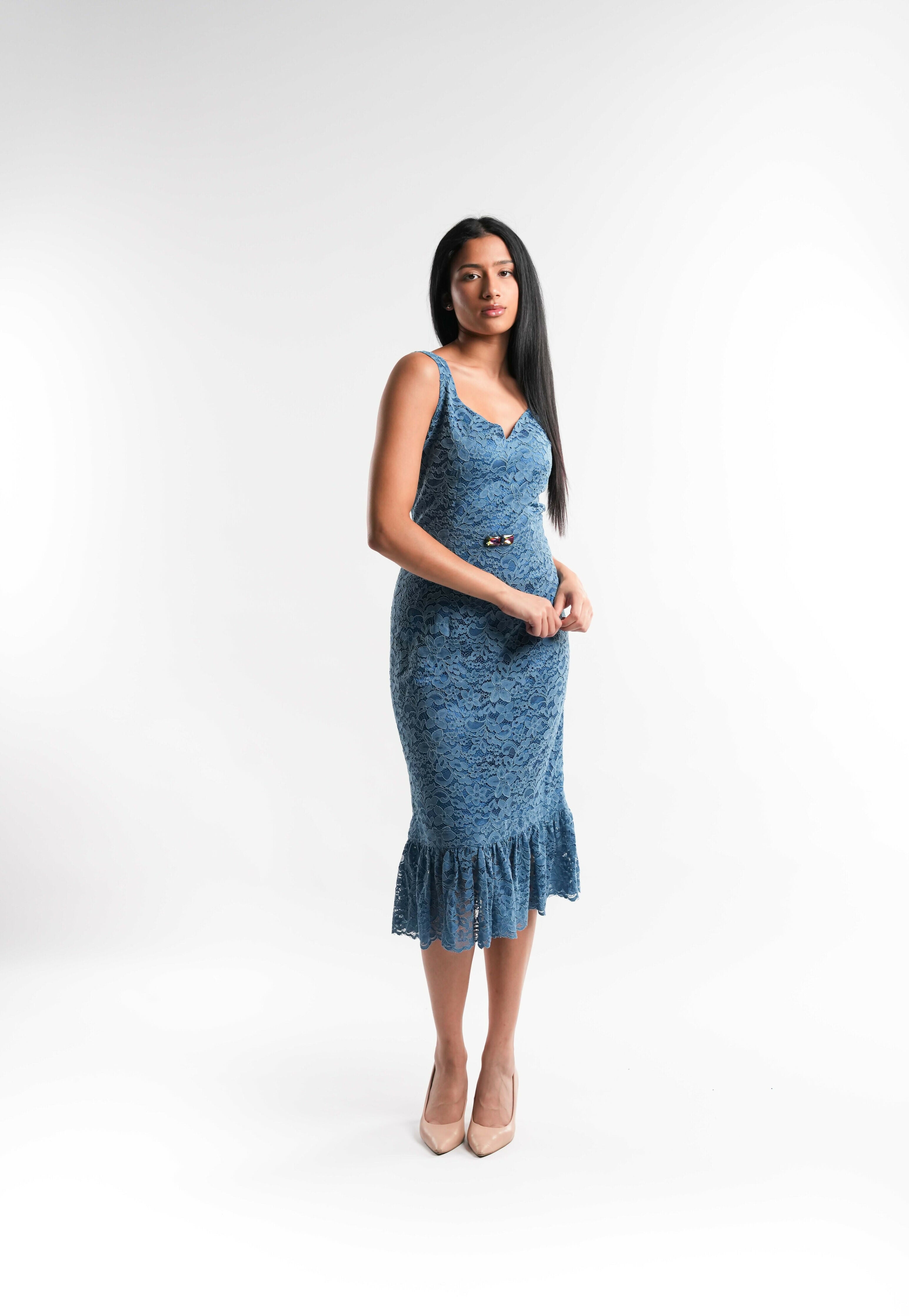 Blue Lace Dress with Crystal Waist Detail