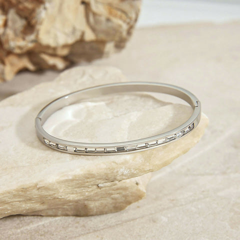 Cahira – White Square CZ Baguette Bangle, Silver Finish