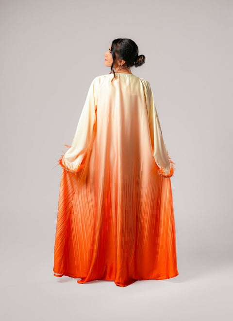 Dress-Jellabiya- Patterned Silk long Loose Style - With A luxury mixture of yellow and orange color-Sleeves with lace and soft feathers