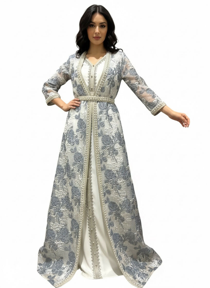 Blue Floral Patterned Pearl-Embellished Kaftan Abaya – 3-Piece Set