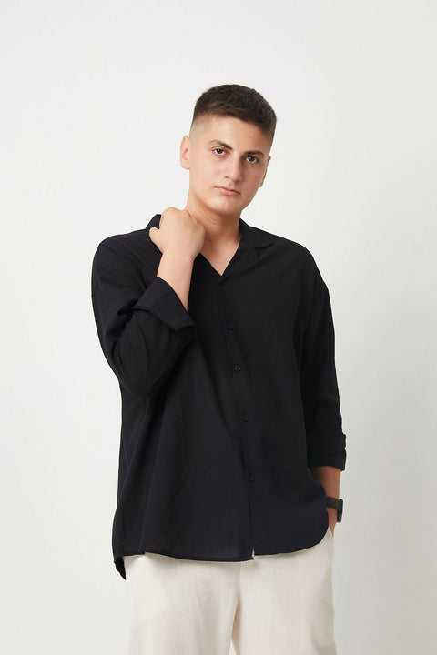 Apache Collar Long Sleeve Cotton Shirt - Black