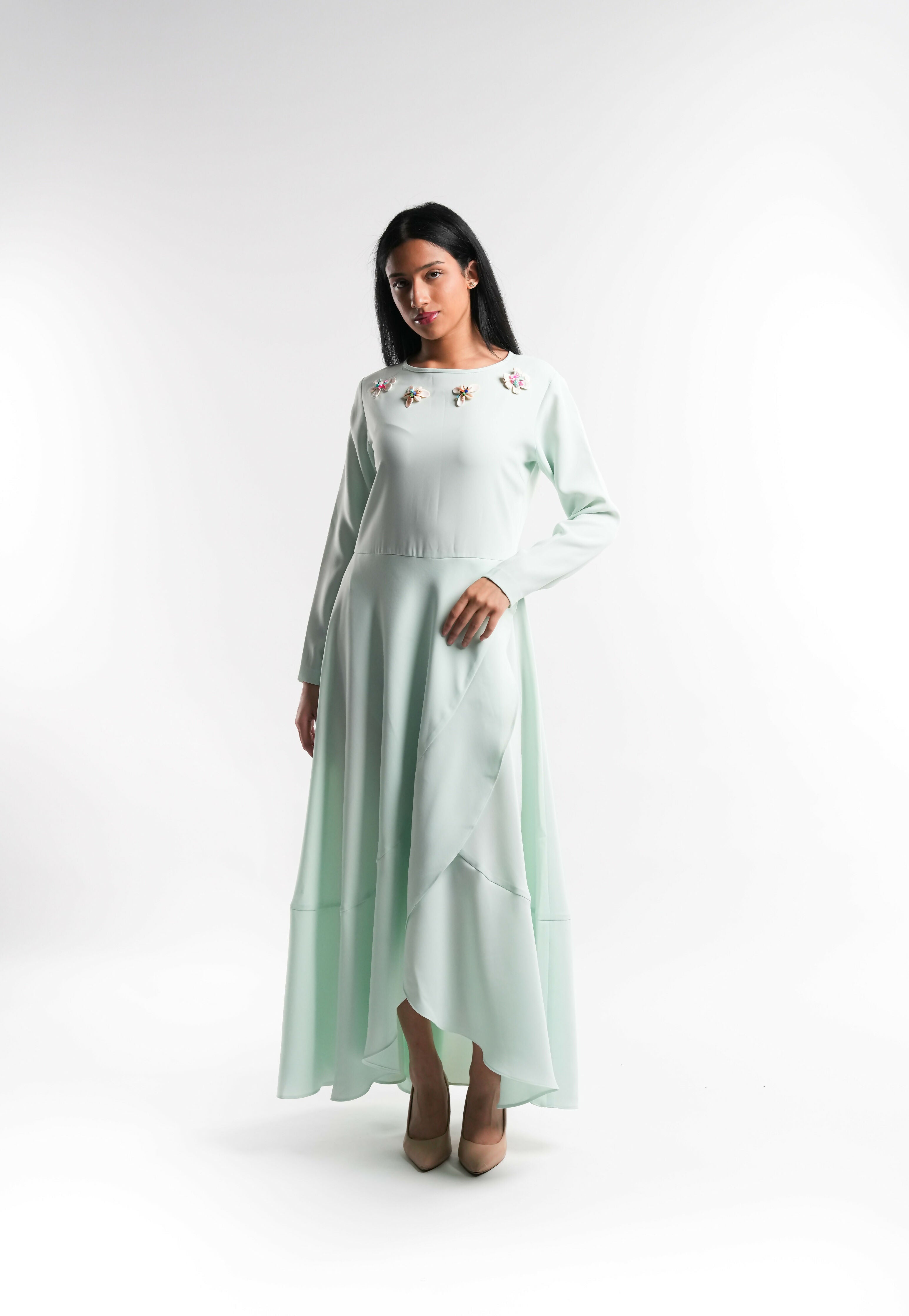 Lime Green Crepe Wrap Dress with Embellishment
