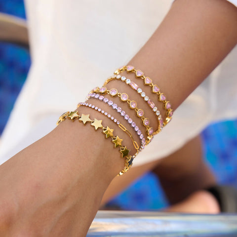 Cyrella – Round Pink CZ Tennis Bracelet, 18K Gold Finish