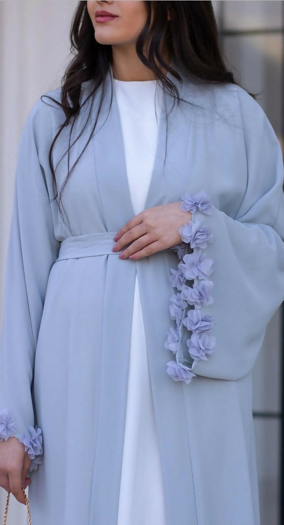 Gray Sleeve 3D Floral Detailed Abaya