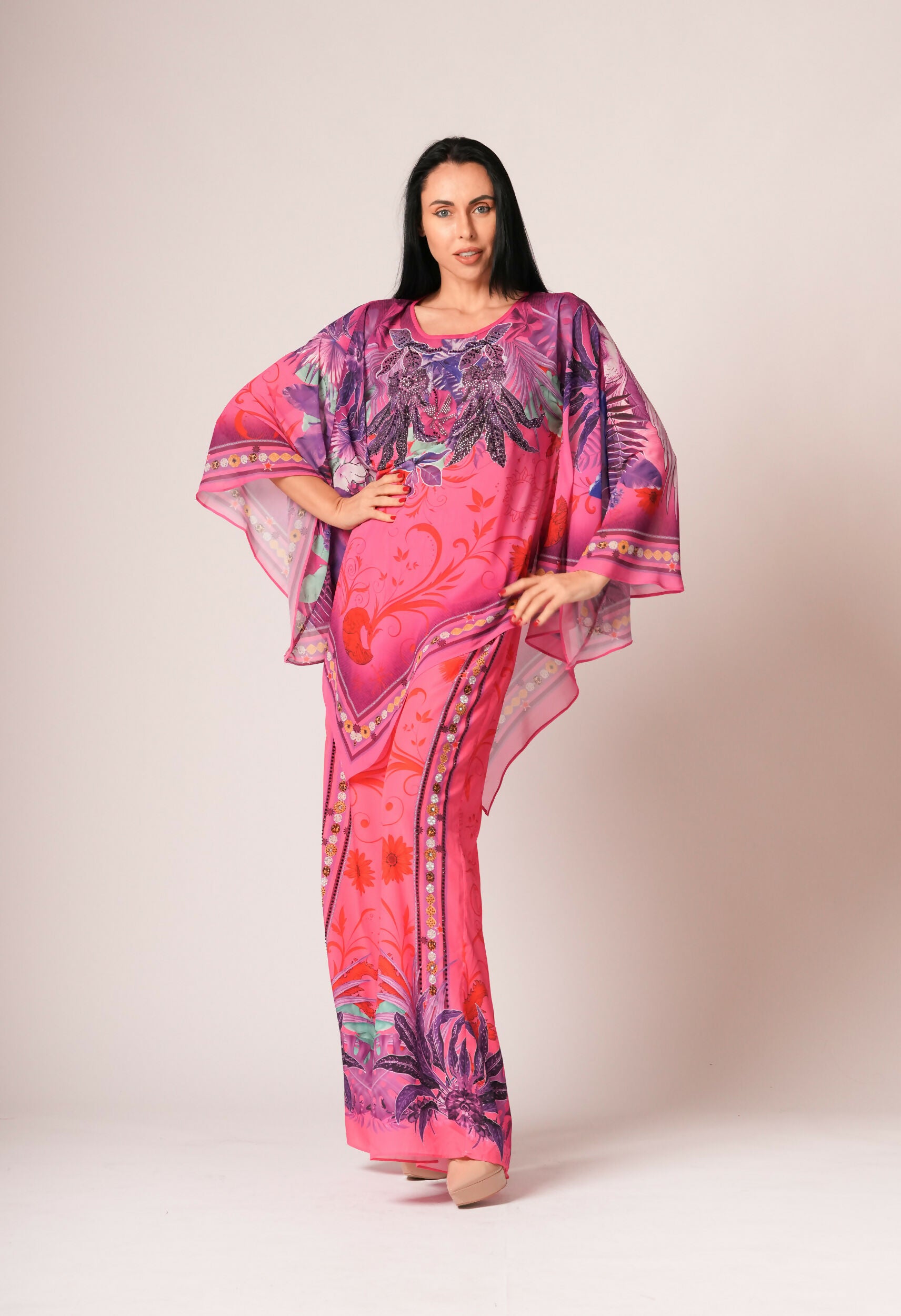 ELT Women Abaya Fuchsia Dress Printed Colorful Elegant Comfortable 9354 Model