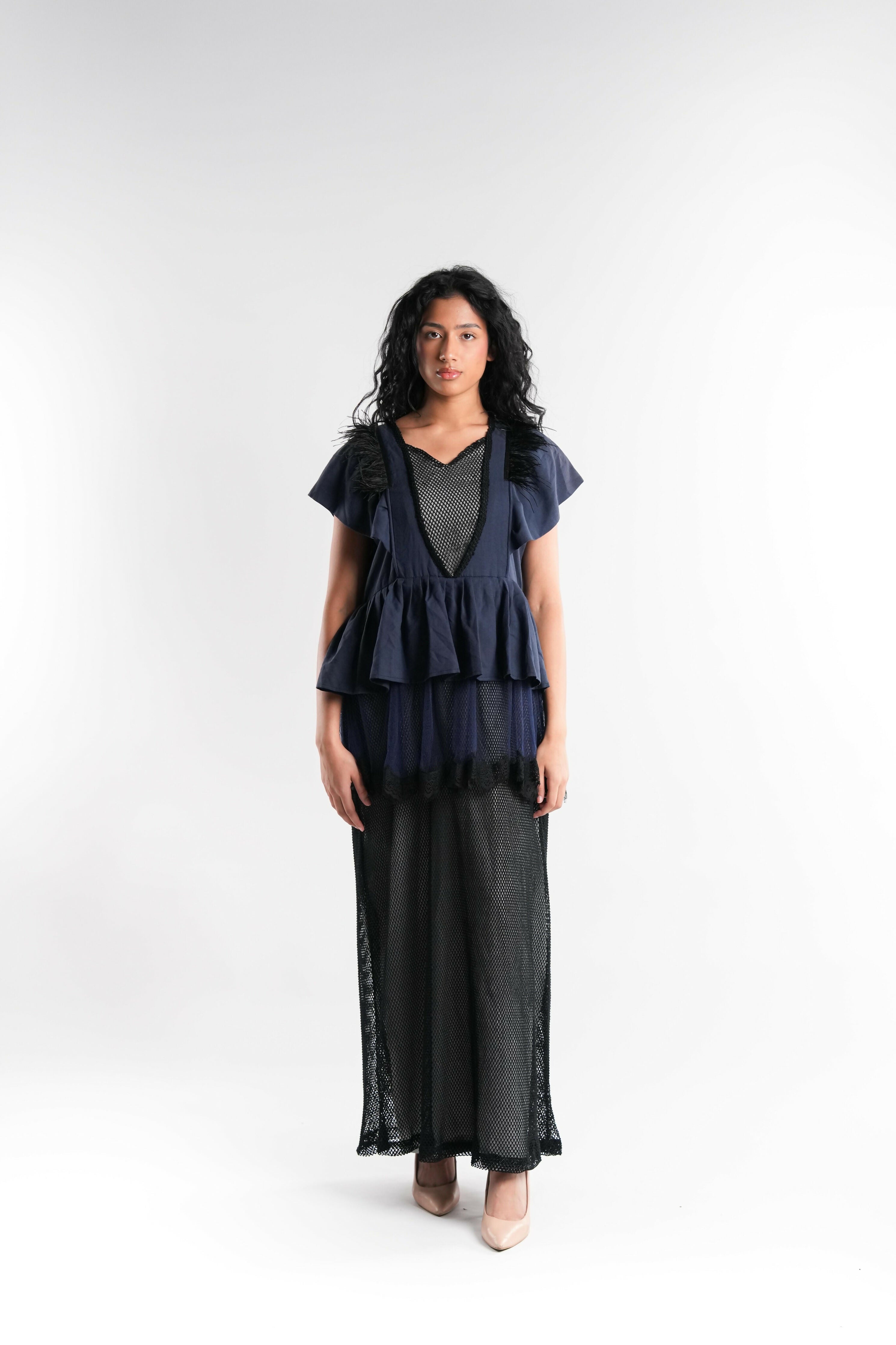 Patchwork Cotton Midi Dress in Blue