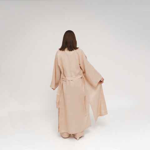 Reese, Italian Linen Kimono Midcalf Jacket in Beige