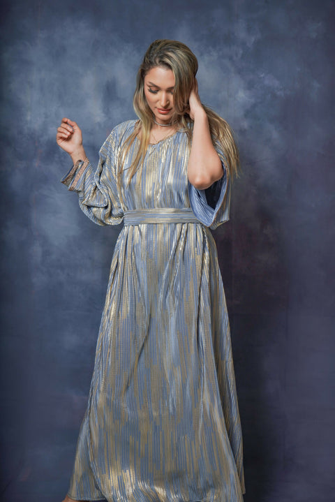 Modern Jalabiya with Belt and Golden Striped Sleeves in Blue Free Size