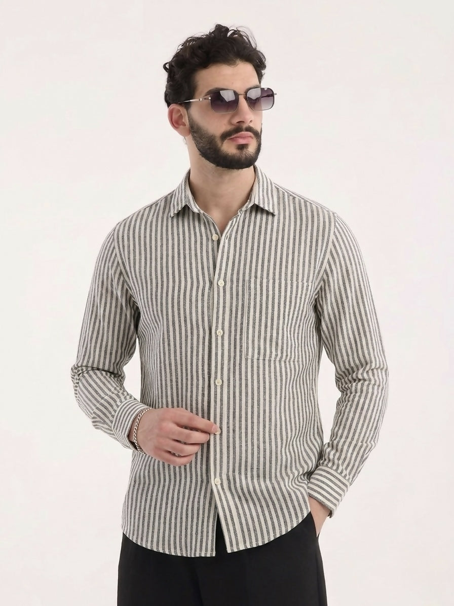 Stand Collar Long Sleeve Muslin Shirt- Black