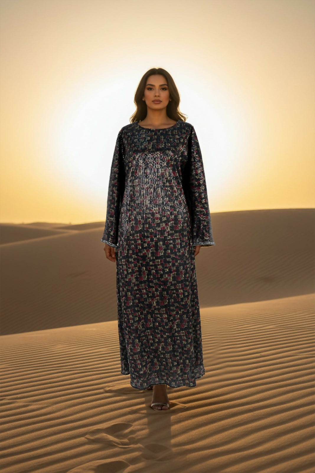 Jellabiya -Modern with Belt -With Golden Stripe on the sleeves-Shiny stretch Crepe Fabric free size