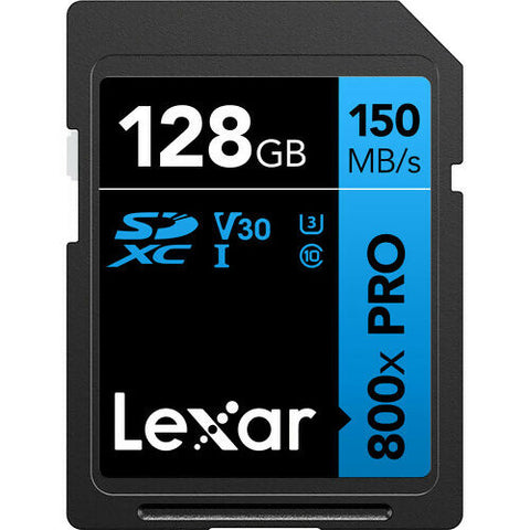 بطاقات LEXAR الاحترافية سعة 128 جيجابايت 800X PRO SDXC UHS-I، سرعة قراءة تصل إلى 150 ميجابايت/ثانية وسرعة كتابة 45 ميجابايت/ثانية C10 V30 U3 