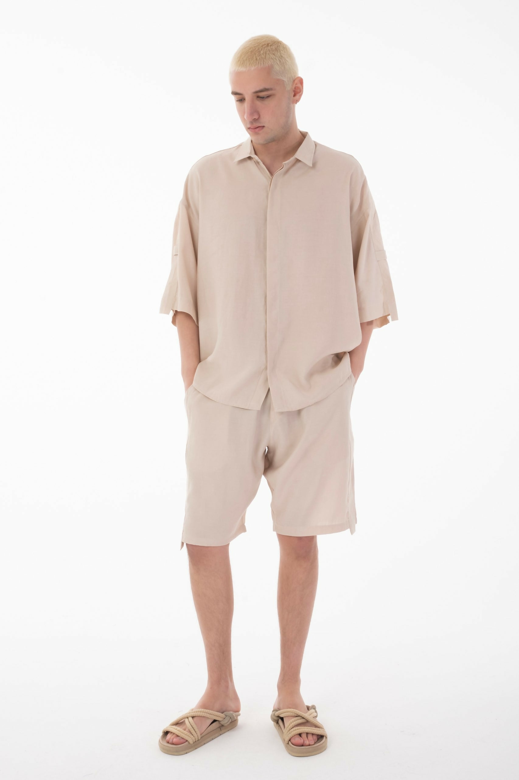 Stand Collar Modal Co-ord Set with Shirt and Shorts Details - Beige