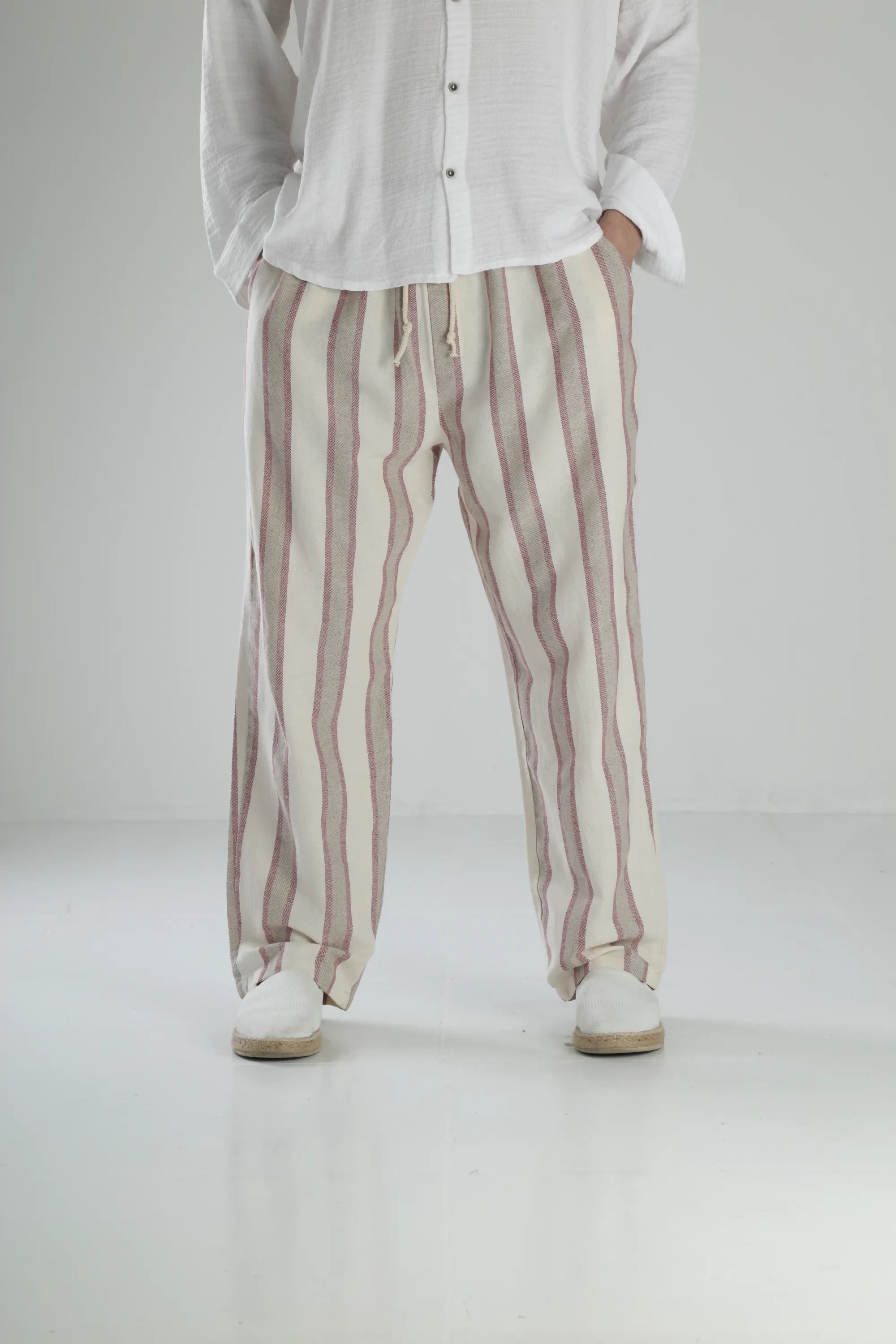 Boheme Striped Linen Baggy Pants - Burgundy