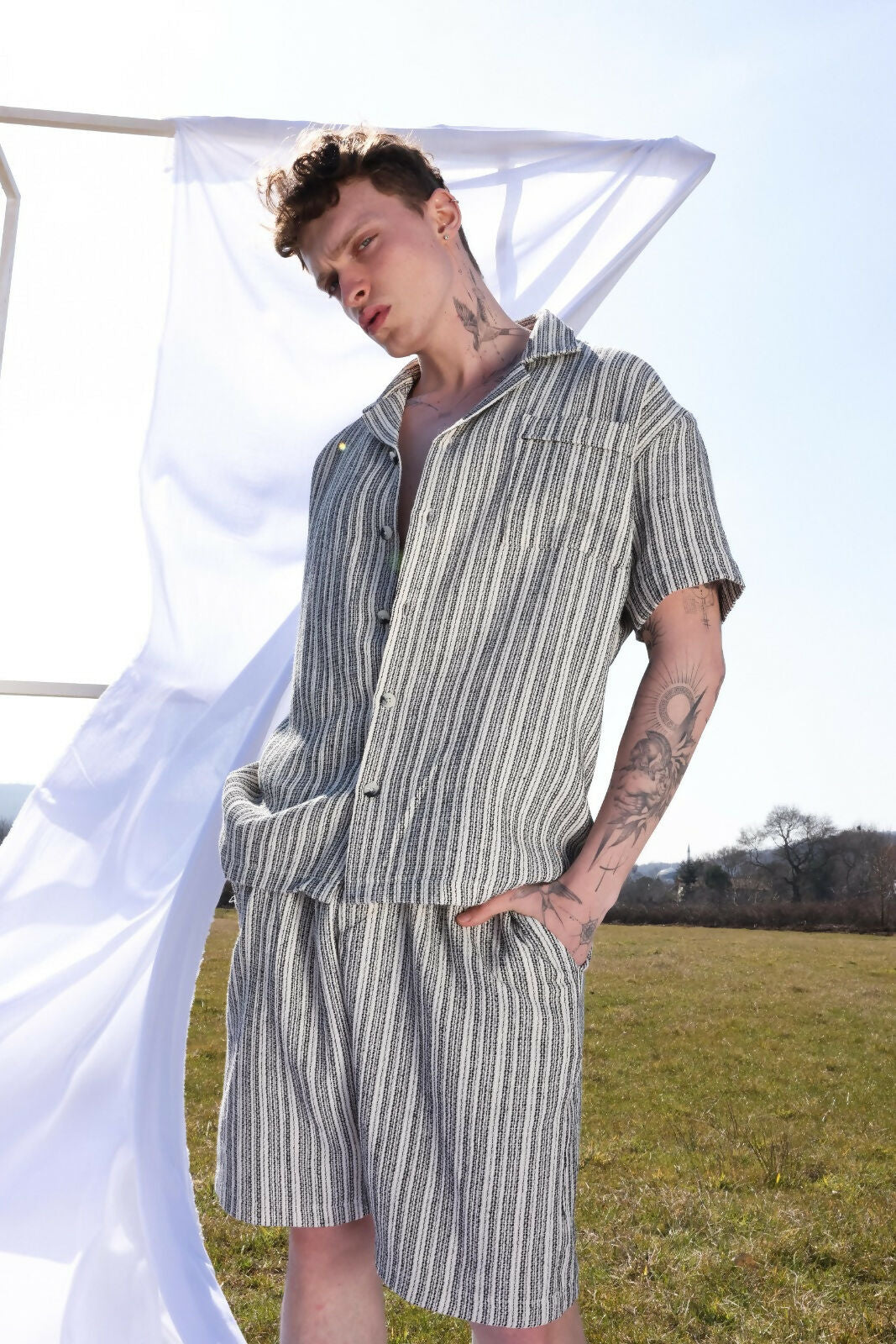 Apache Collar Shirt-Shorts Set - Indigo