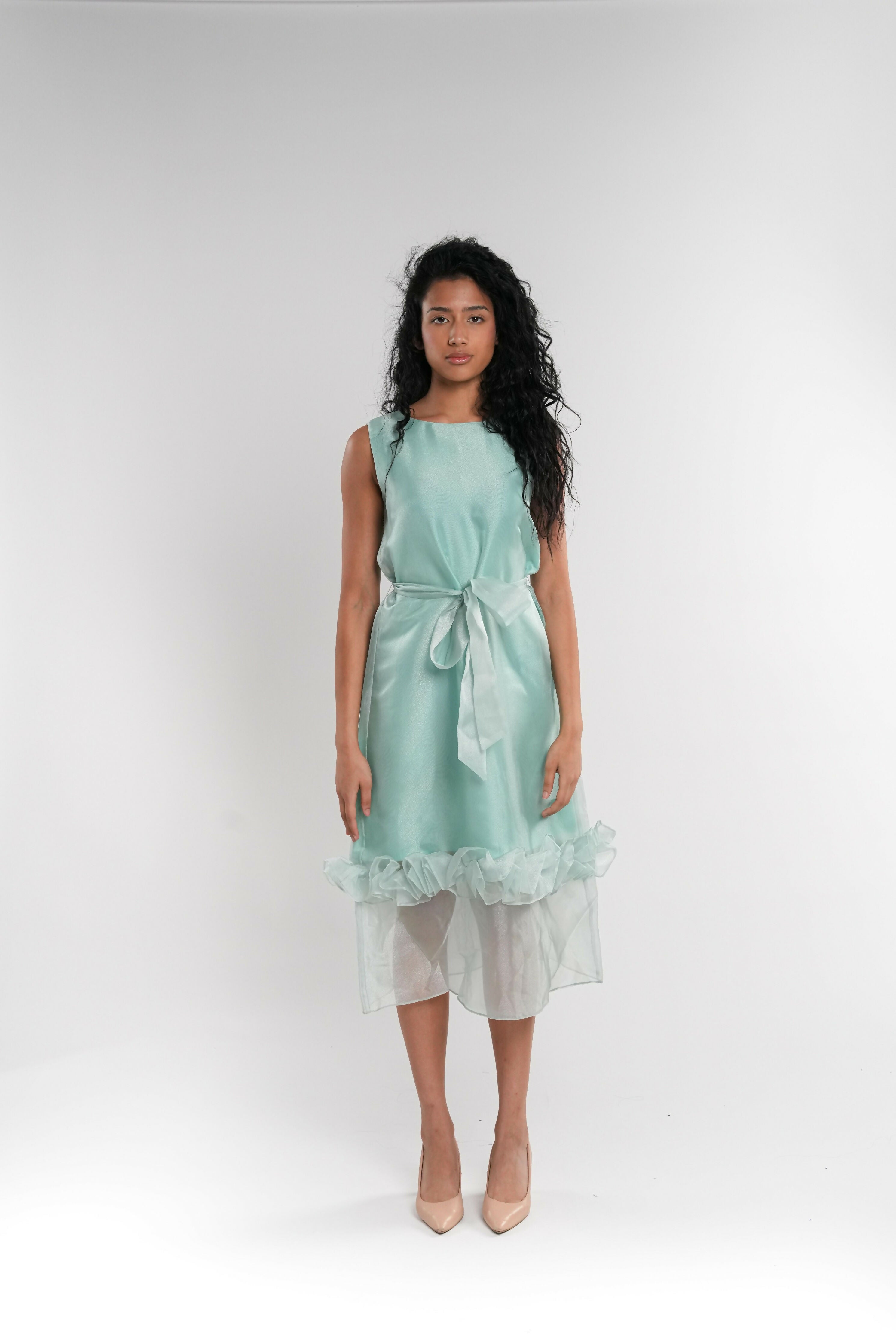 Lime Green Silk Organza Flared Dress with Belt