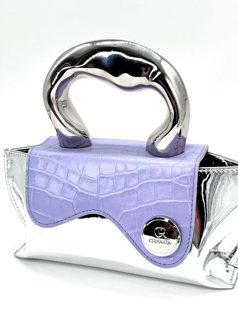 Lavender Crocodile Embossed Bag CRISANTA Crocodile-Embossed Mini Handbag with Sculptural Silver Handle