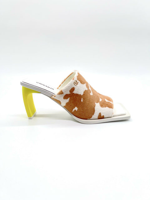CRISANTA Cow Print Mule Heels