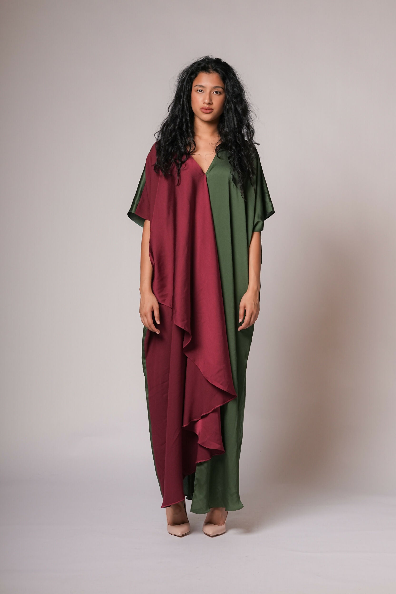 Two tone kaftan in green/maroon
