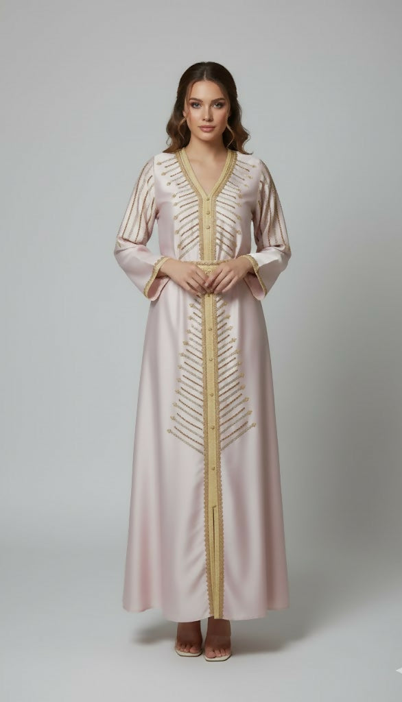Handcrafted Embroidered – One Piece Kaftan Dress with belt – in striped elegant touch