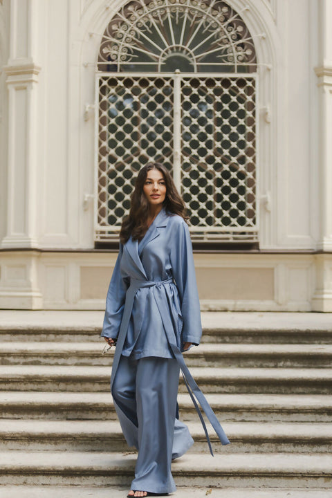 Silk Trousers with Skirt in Blue