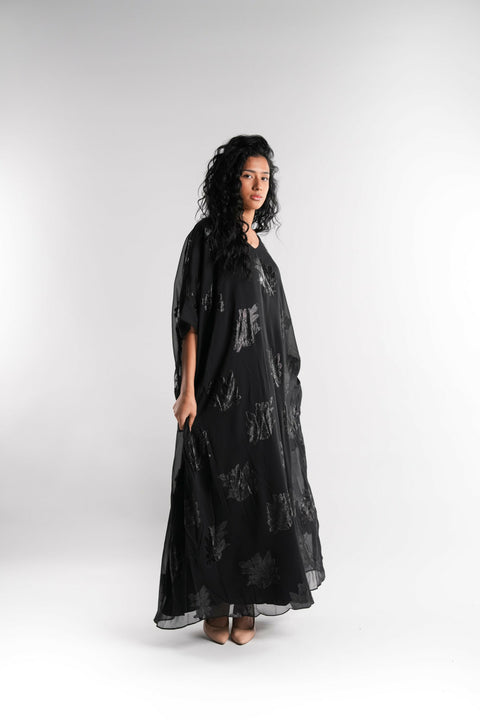 Black and Gold Chiffon Kaftan Lined